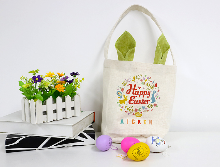 Linen Easter Basket-Natual with Green Ear