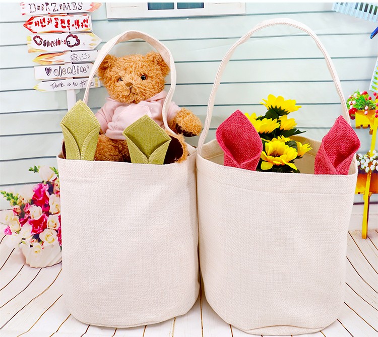 Linen Easter Basket - Natual with Pink Ear - Dia 7.8