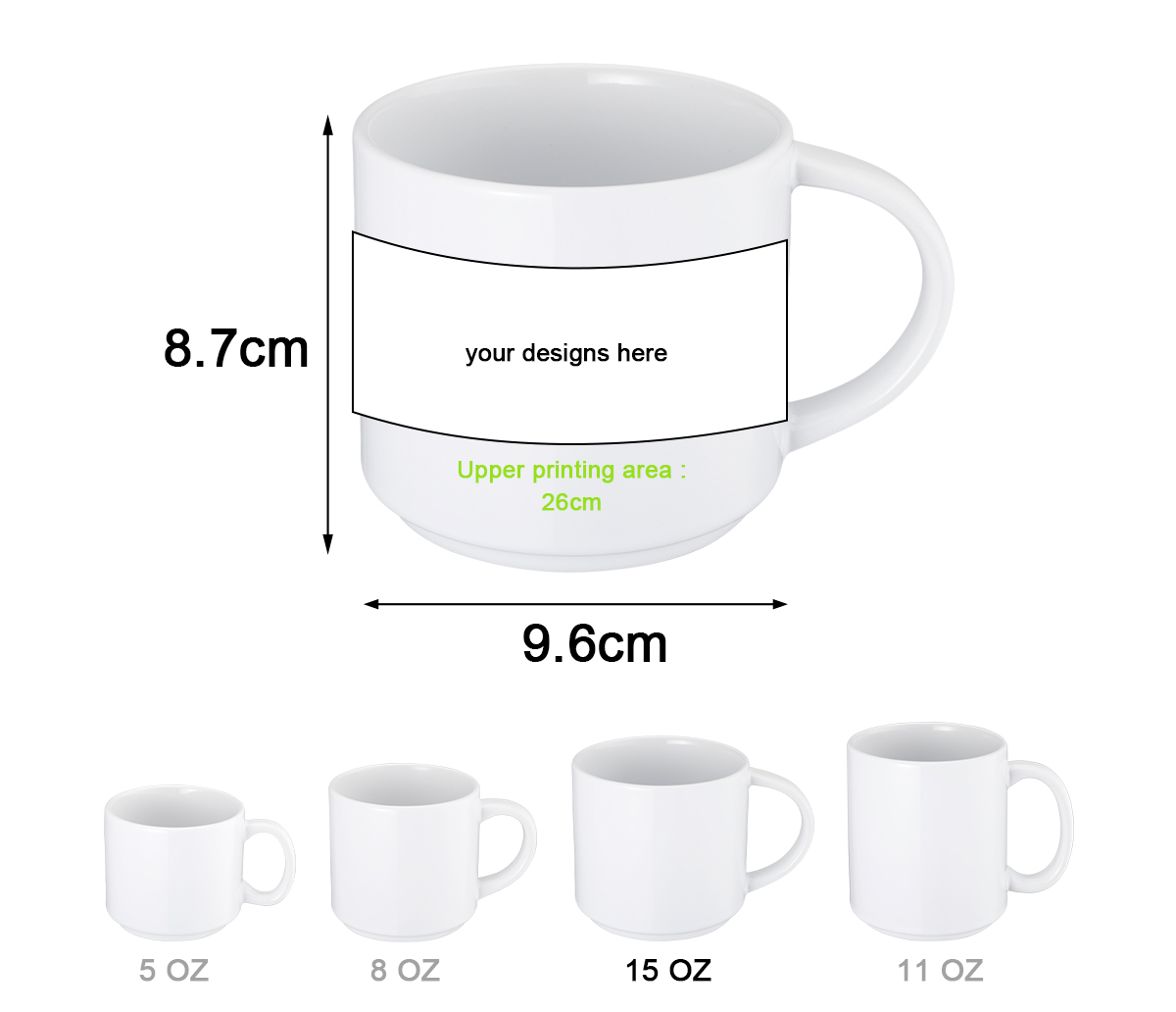 Wholesale Ceramic Sublimation Stackable Mugs - 5OZ/8OZ/11OZ/15OZ