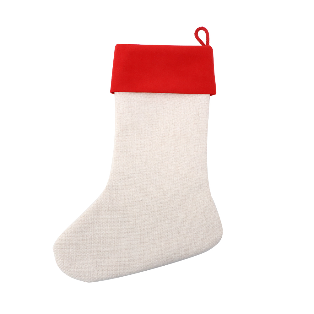 Linen Xmas Stocking with Red Cuff-One Side Red/Green