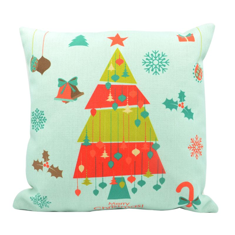 Linen Pillow Case-Green with Colorful Xmas Tree-One-side Printable