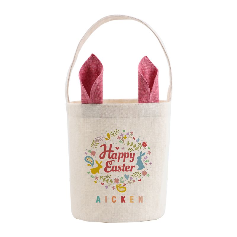 Linen Easter Basket with Pink Ear - Dia 7.8