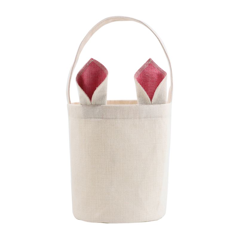 Linen Easter Basket-Natual with Nature& Pink Ear - Dia 7.8"*H 9.8"