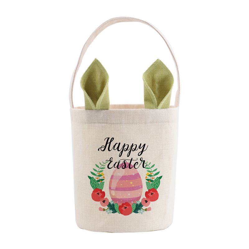 Linen Easter Basket-Natual with Nature& Pink Ear - Dia 7.8"*H 9.8"