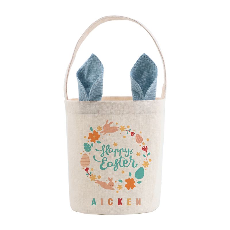 Linen Easter Basket-Natual with blue Ear  - Dia 7.8"*H 9.8"