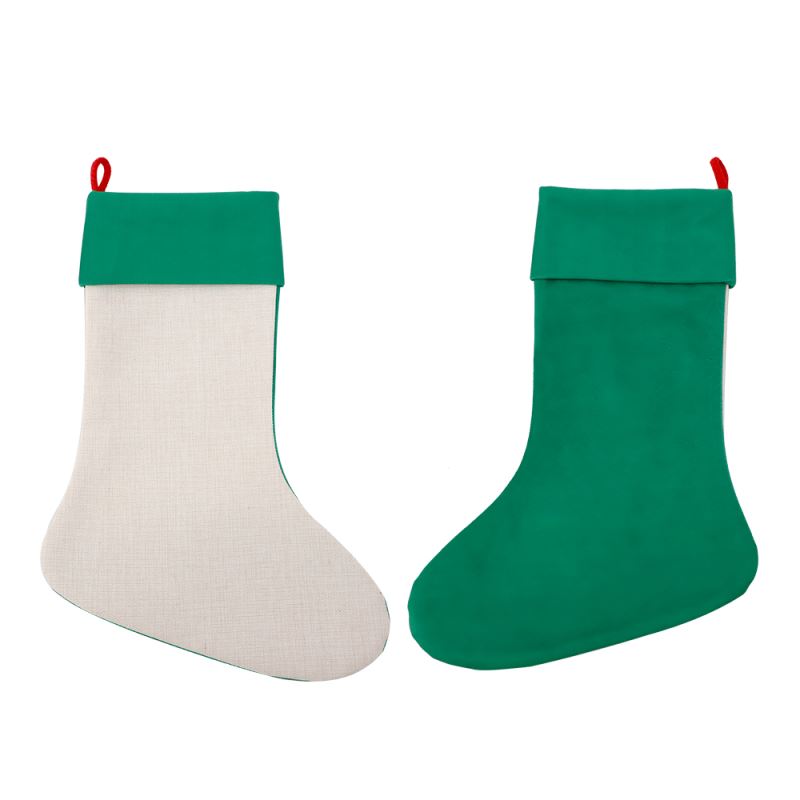 Linen Xmas Stocking with Green Cuff-One Side Green