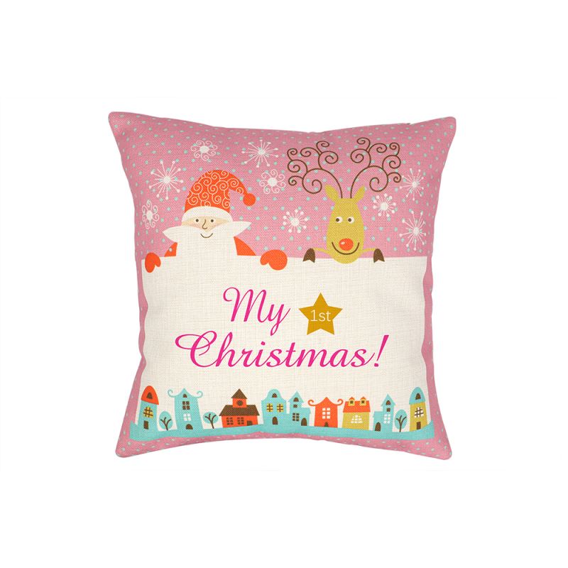 Linen Pillow Case - Double Side Round Printable Part - Red with Xmas Patter