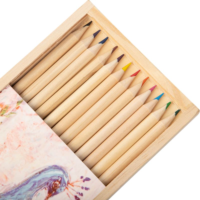 Wooden Pencil Box with MDF Insert-with 12pcs Colorful Pencil