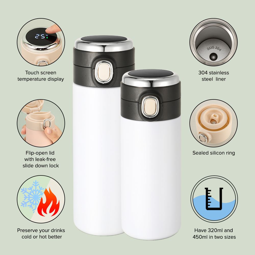 Double Wall Stainless Steel Bottle with Temperature Display - White