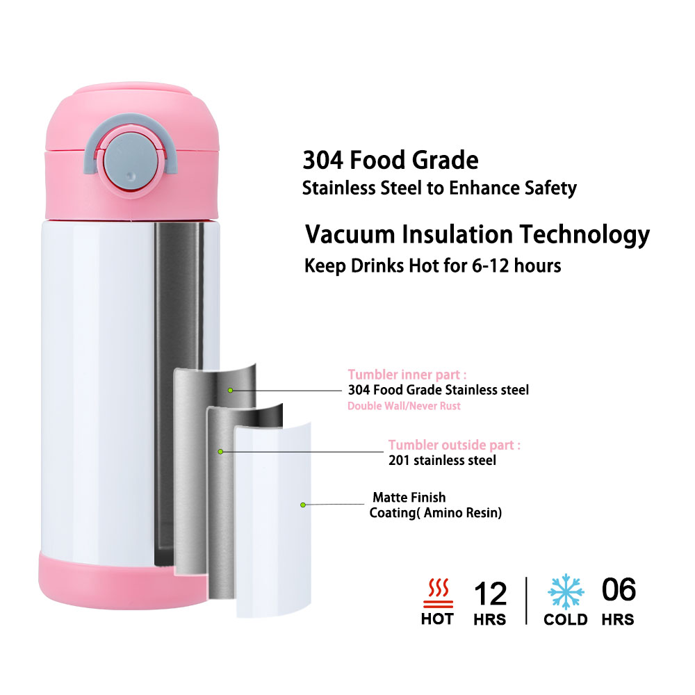 Kids Sublimation Water Bottle 350ml Vacuum Insulation Thermos Flask – Pink/Blue/Black